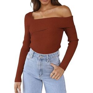 Anrabess Womens Off Shoulder Pullover Long Sleeve Sweater Size XL Color Brown